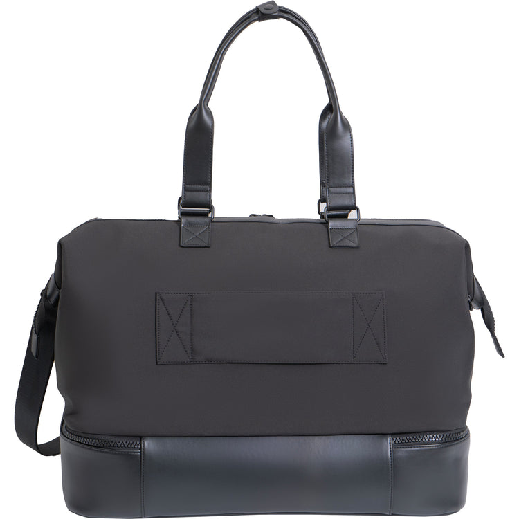 Black duffel bag with leather accents on a white background