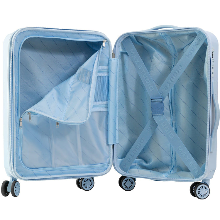 Blue suitcase with open lid on a white background