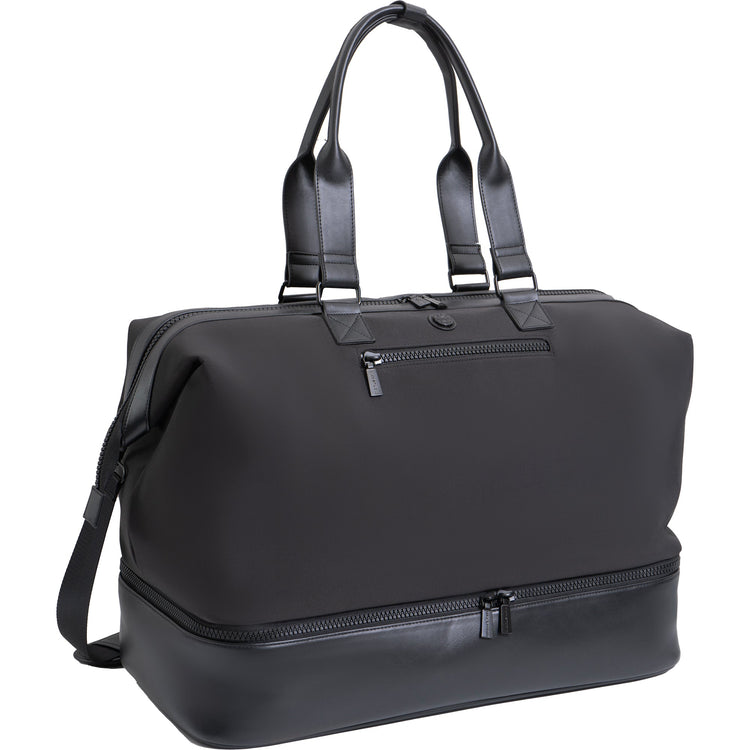 Black travel bag with handles and a shoulder strap on a white background
