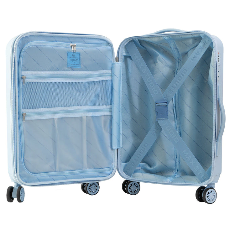 Light blue suitcase with open front compartment on a white background