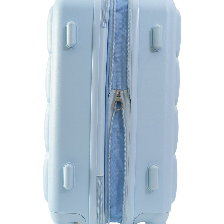 Light blue suitcase with a partially open zipper on a white background