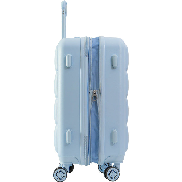 Light blue suitcase with wheels on a white background