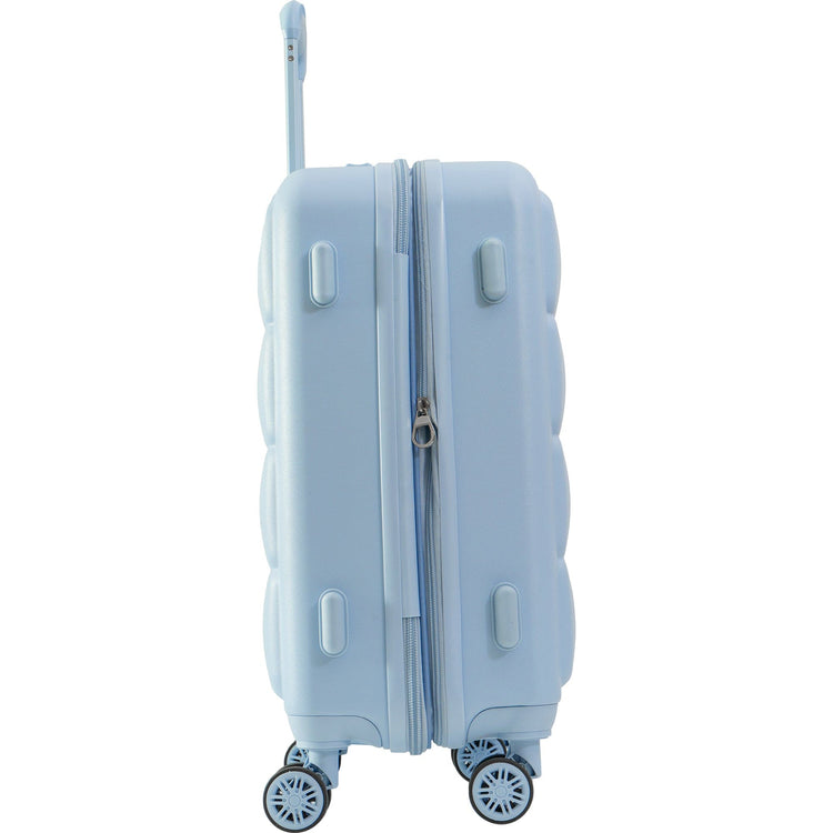 Light blue suitcase with wheels on a white background