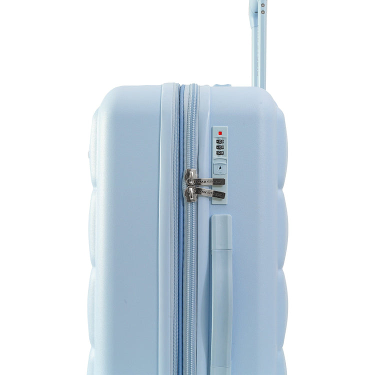 Light blue suitcase with a zipper on a white background