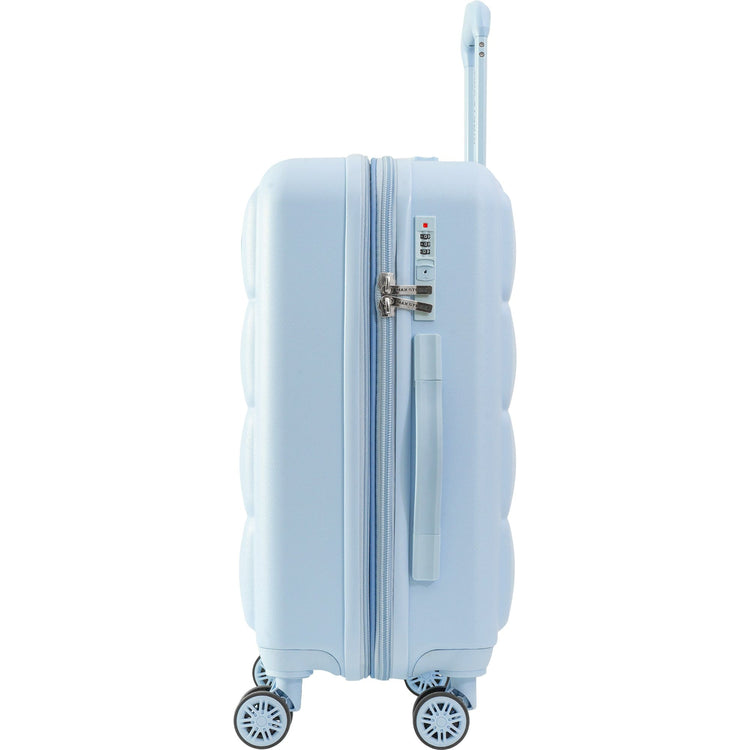 Light blue suitcase with wheels and a handle on a white background
