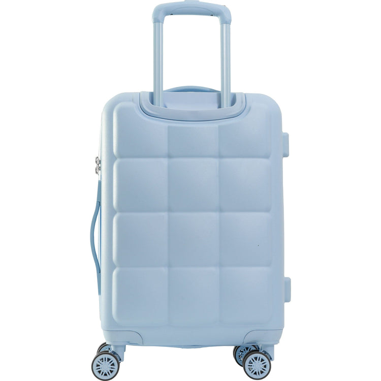 Light blue suitcase with a checkered pattern on a white background