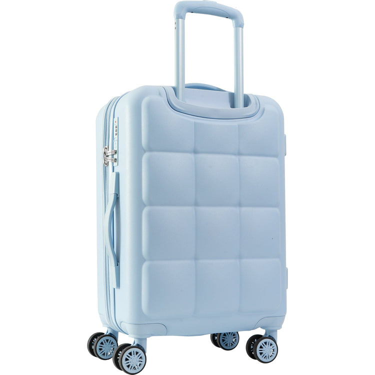 Light blue suitcase with wheels on a white background