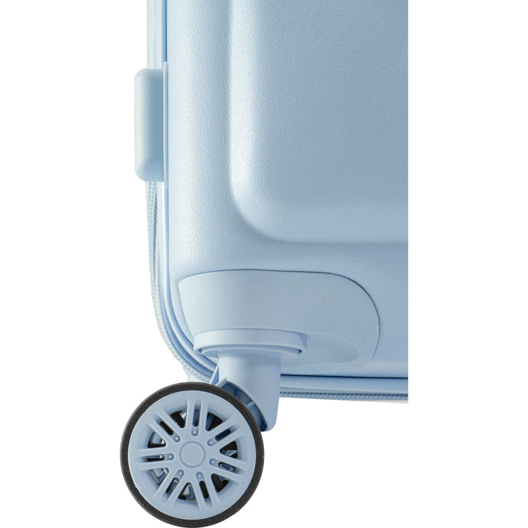 Light blue suitcase with a wheel on a white background