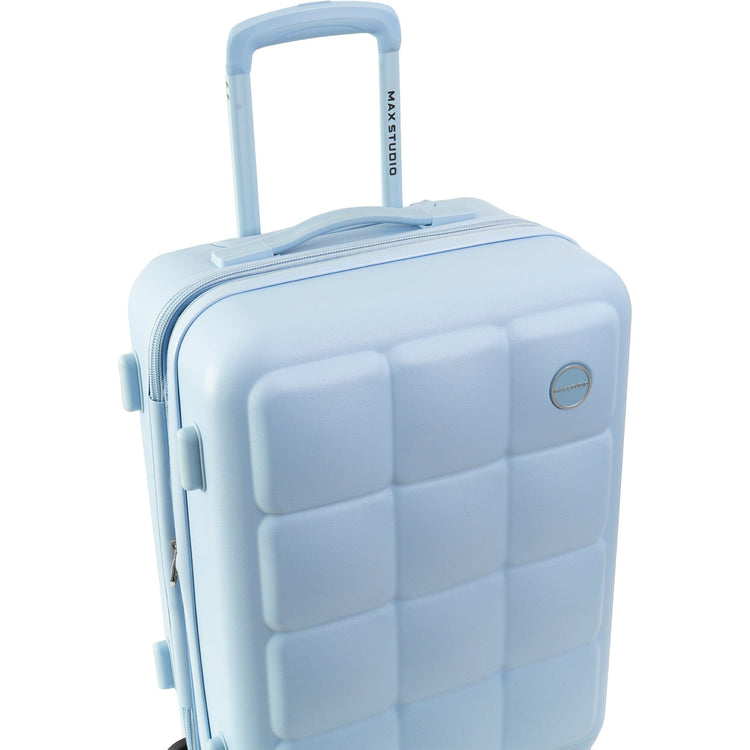 Light blue suitcase with a checkered pattern on a white background