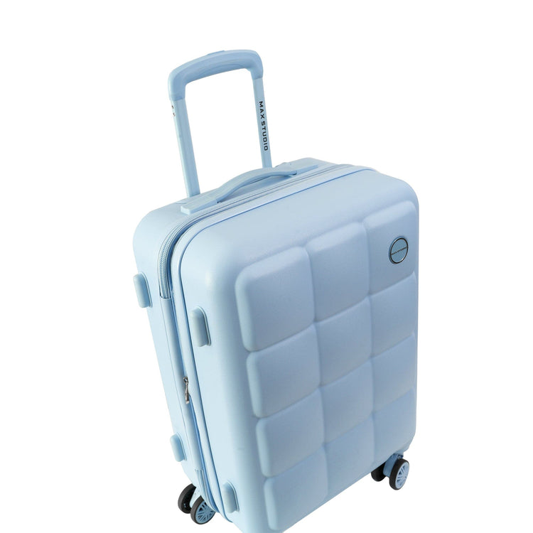Light blue suitcase with a checkered pattern on a white background