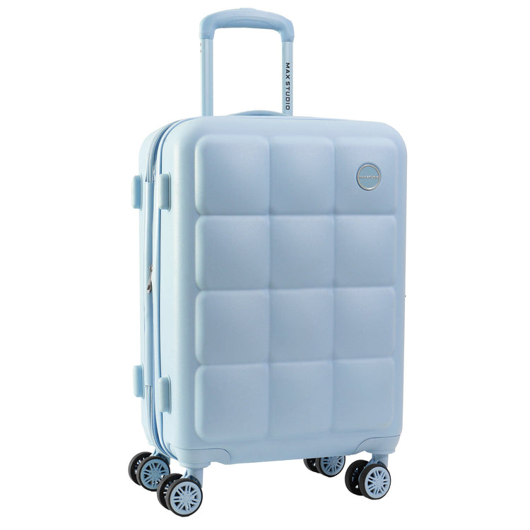 Light blue suitcase with wheels on a white background