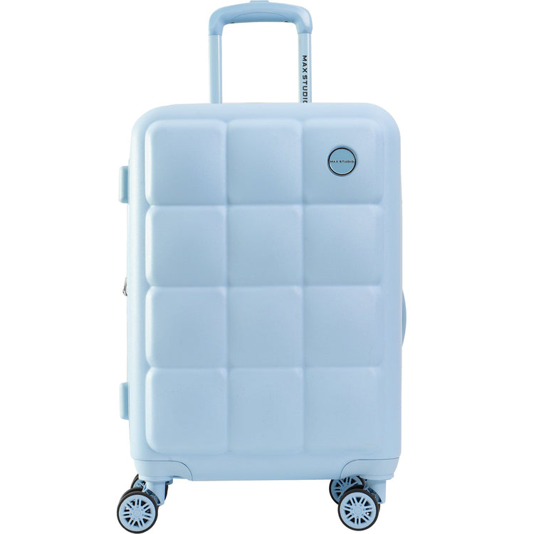 Light blue suitcase with wheels and handle on a white background