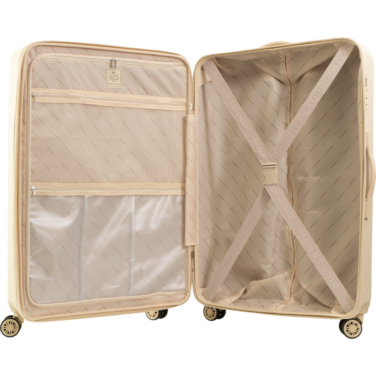 Beige suitcase with open lid on a white background