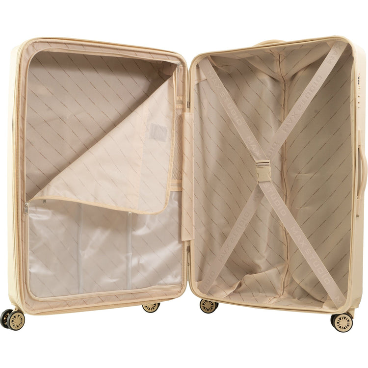 Beige suitcase with open lid on a white background