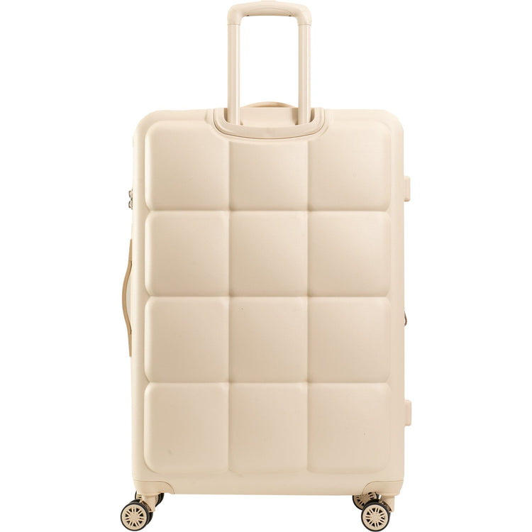 Beige suitcase with a checkered pattern on a white background