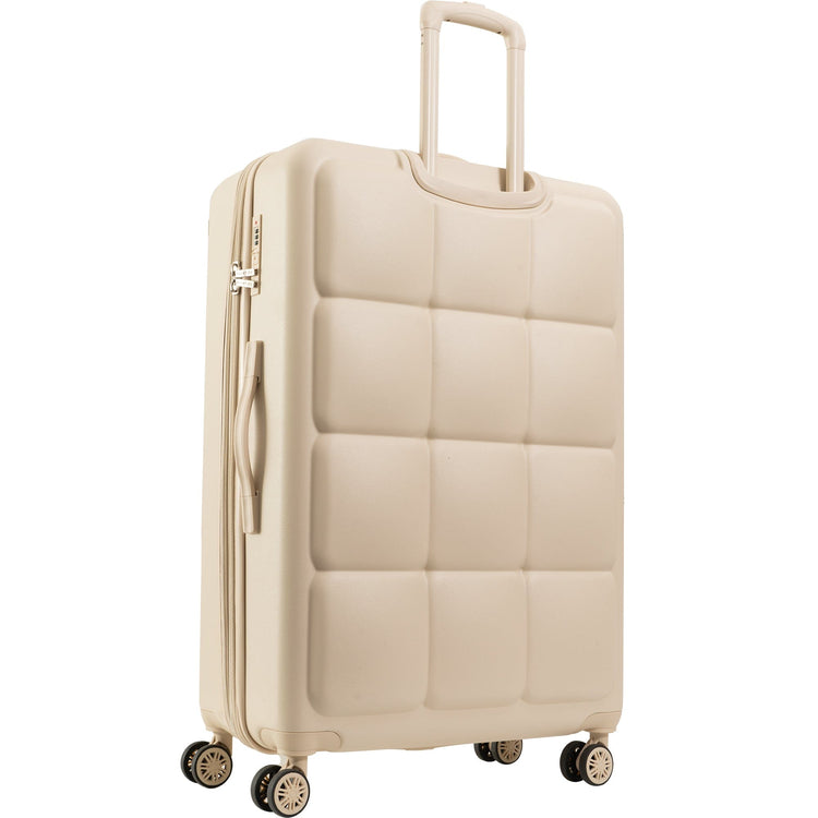 Beige suitcase with wheels on a white background