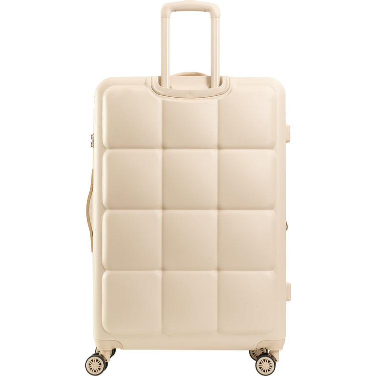 Beige suitcase with a checkered pattern on a white background