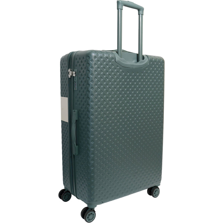 Green suitcase with a textured surface on a white background