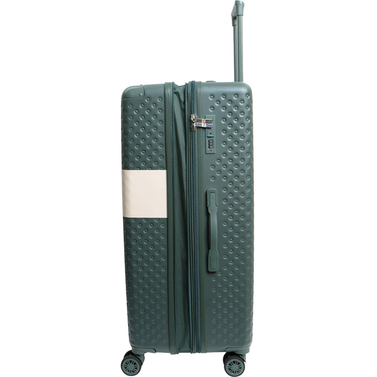Green suitcase with a white stripe on a white background