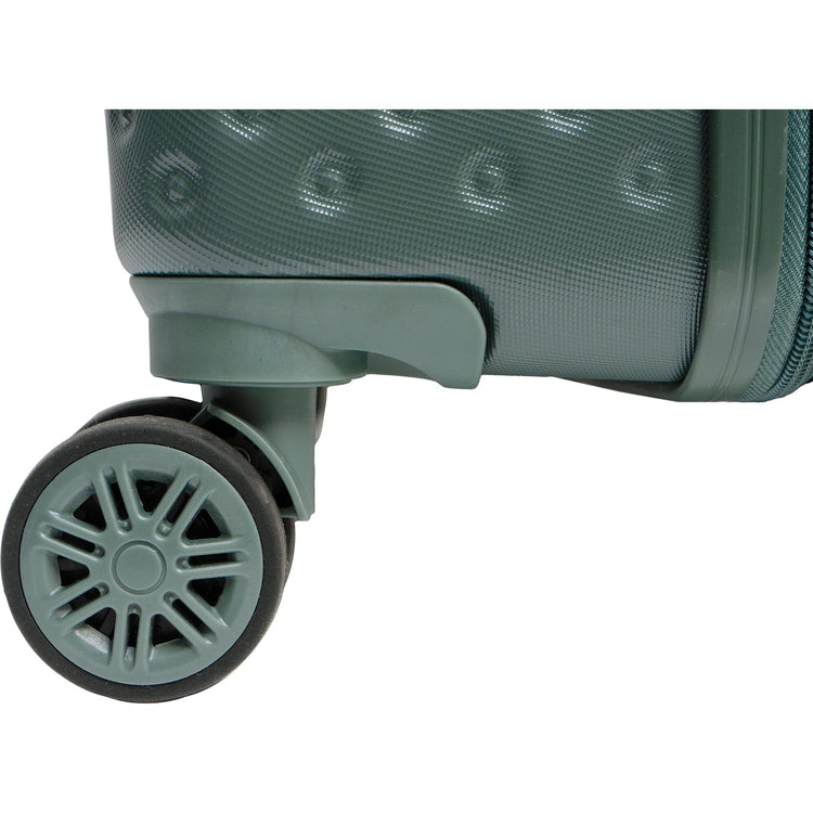 Close-up of a green suitcase wheel on a white background