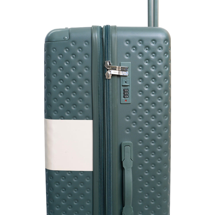 Green textured suitcase with a white stripe on a white background