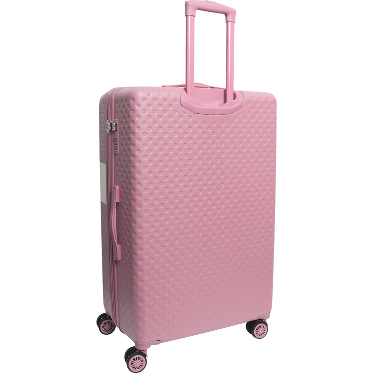 Pink textured suitcase with wheels on a white background