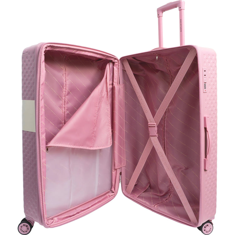 Pink suitcase with open lid on a white background