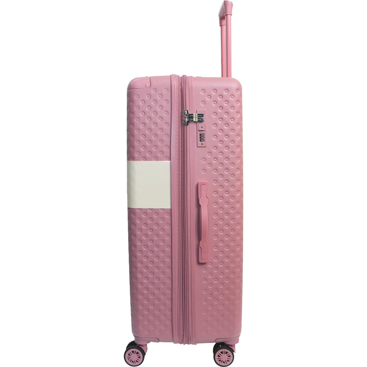 Pink suitcase with a textured pattern on a white background
