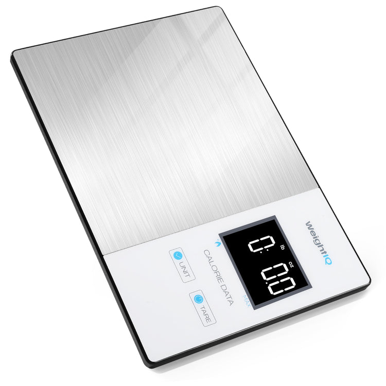 Digital kitchen scale with metallic finish on a white background