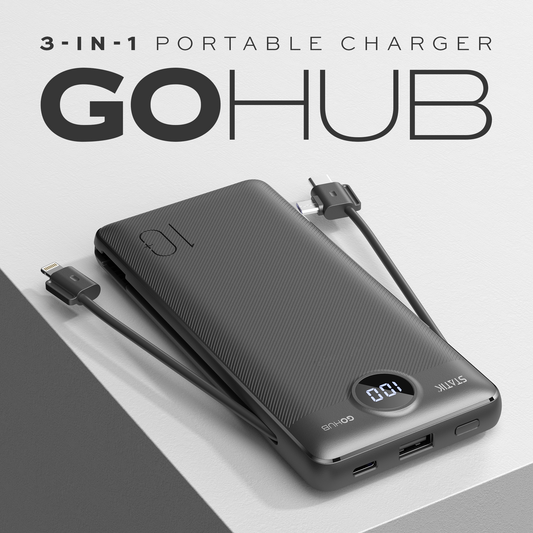 GoHub 3-in-1 Portable Power Bank with Wall Plug; Black