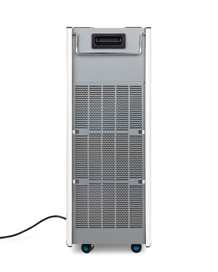 Gray dehumidifier with a power cord on a white background