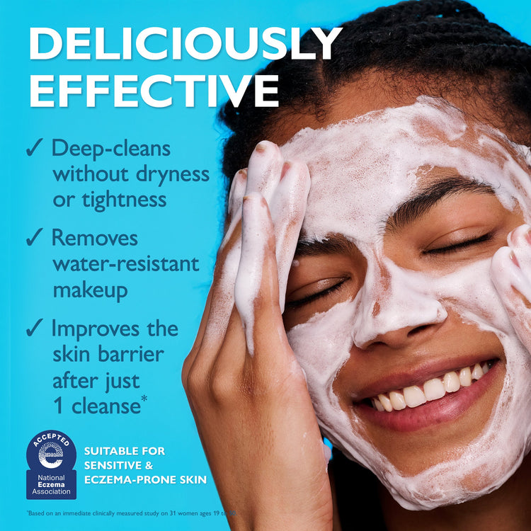 Person applying a facial mask with text highlighting product benefits on a blue background
