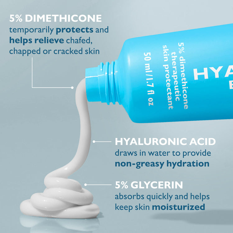 A blue skincare tube shown on a light blue background with callout text describing ingredients: 5% dimethicone, hyaluronic acid, and 5% glycerin. A white cream smear is shown flowing from the tube.