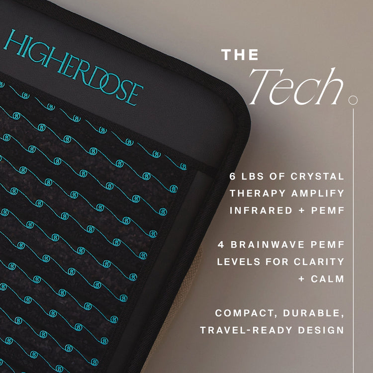 Product with 'HigherDose' branding and text about crystal therapy, infrared, PEMF, and brainwave levels on a gray background.