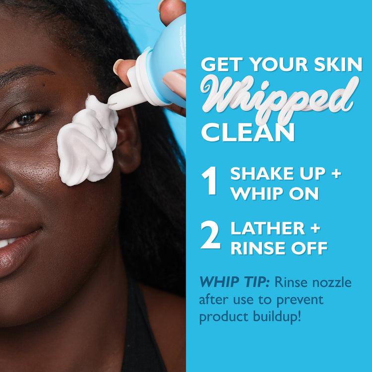 Woman applying a skincare product with text on a blue background
