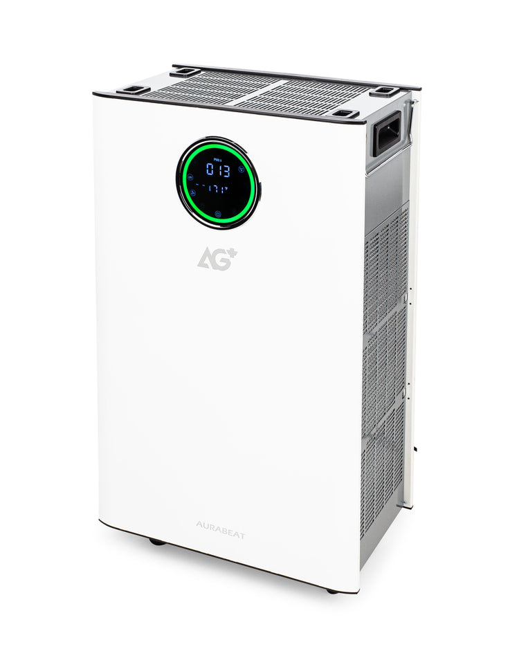 White air purifier with digital display on a white background