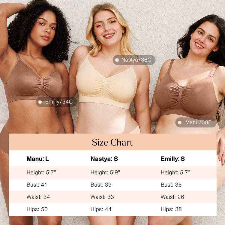 Three women wearing bras with a size chart below them.