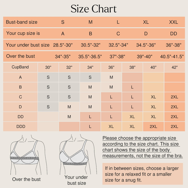 Size chart for bra measurements with illustrations of a woman wearing a bra.