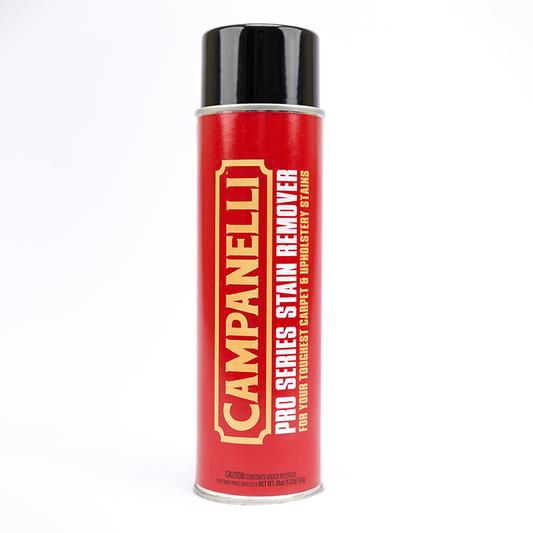 A red aerosol can of Campanelli Pro Series Stain Remover with black and yellow label text.