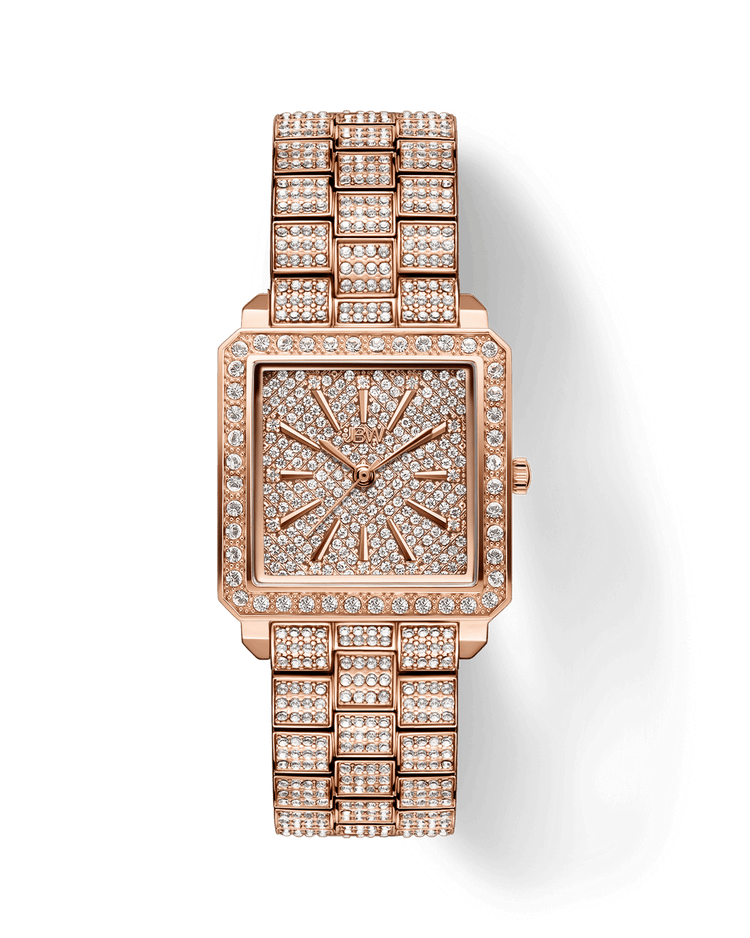 The JBW Cristal 28 | J6386B is a rectangular rose gold watch with a geometric dial, Swiss movement, and a sophisticated link bracelet, encrusted with numerous small diamonds on its face, bezel, and band.