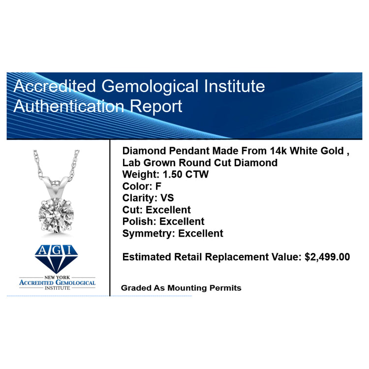 1.50 Ctw Round Lab Grown Diamond Pendant Necklace in 14K Gold – F Color VS Clarity | AGI Certified