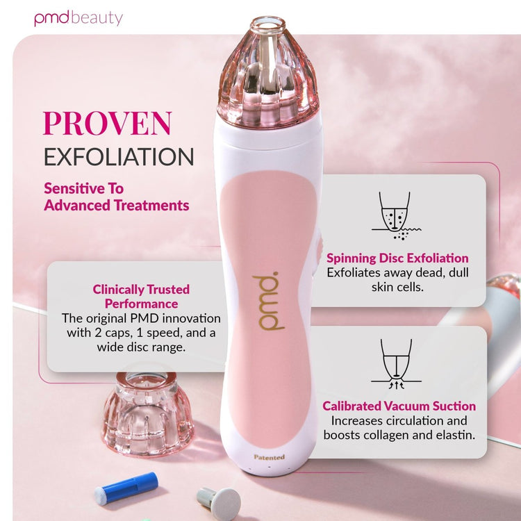 PMD beauty device with features highlighted on a pink background