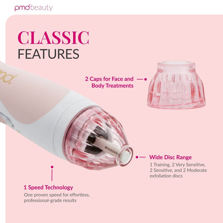 PMD Beauty device with pink and white design on a pink background