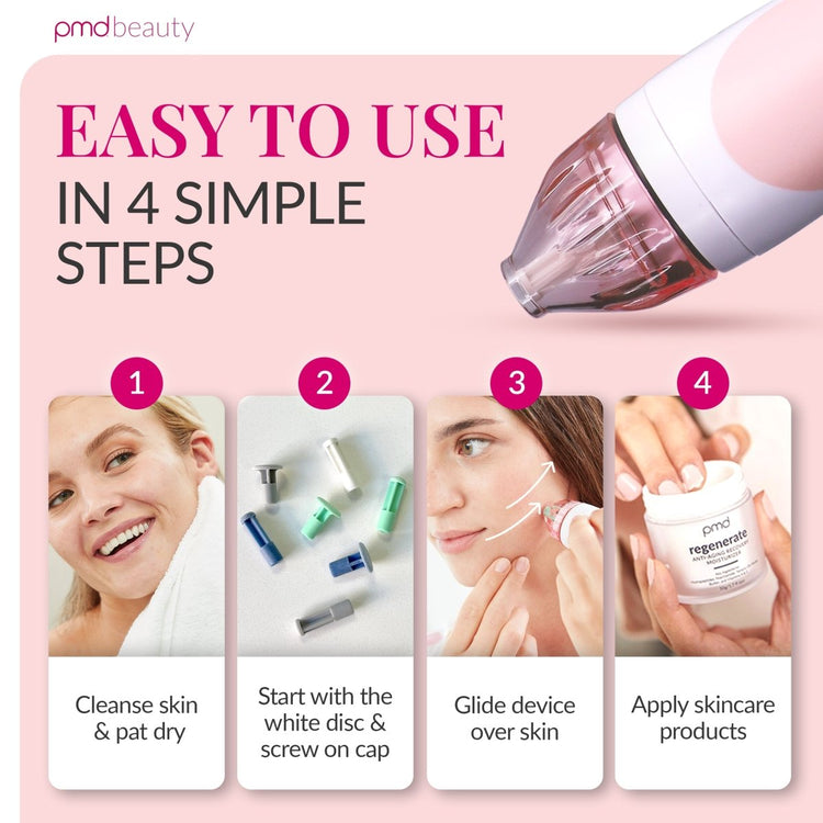PMD Beauty device with step-by-step guide on a pink background