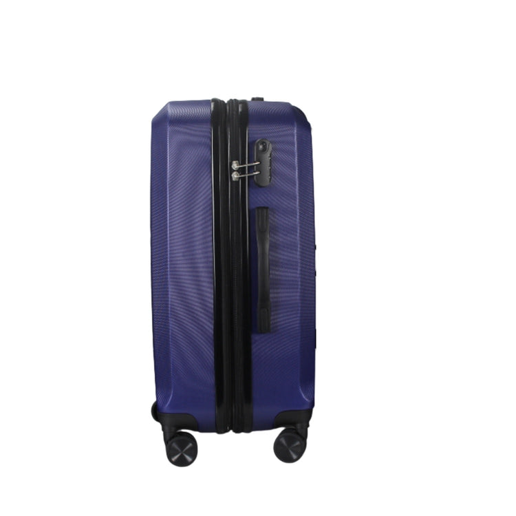 Blue suitcase with a black handle on a white background