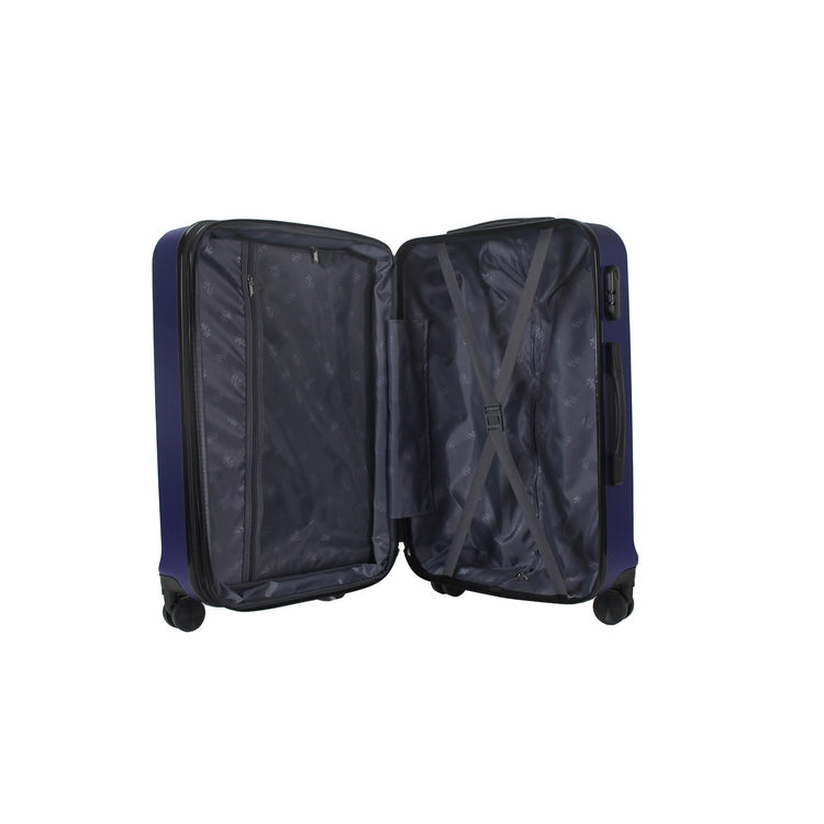 Open navy blue suitcase on a white background