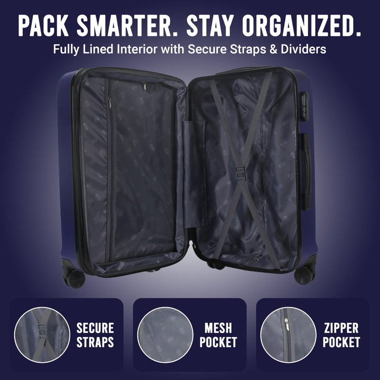 Open suitcase with interior features on a dark blue background, emphasizing organization and security.