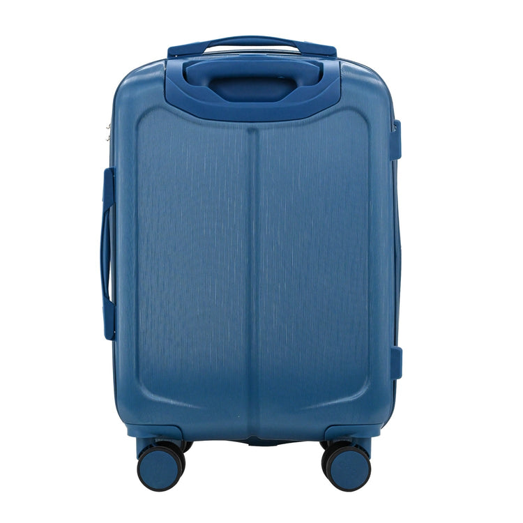 Blue suitcase with wheels on a white background