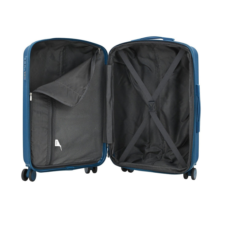 Blue open suitcase on a white background