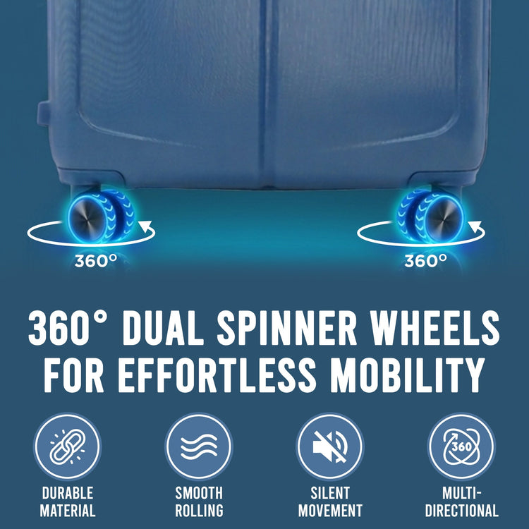 Blue suitcase with 360-degree dual spinner wheels on a blue background, highlighting features like durable material, smooth rolling, silent movement, and multi-directional capability.